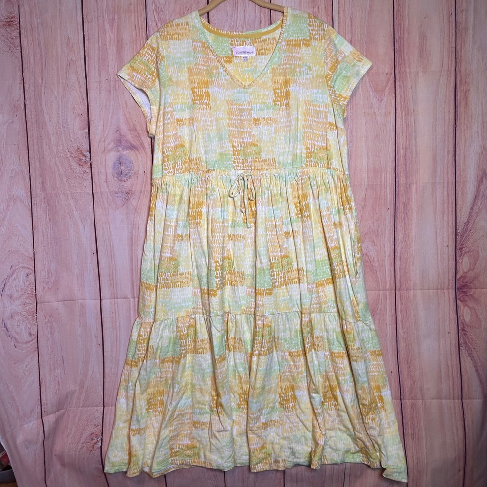 Stan Herman Loungewear Dress Women L Yellow Green Cotton Tiered Boho Cottagecore